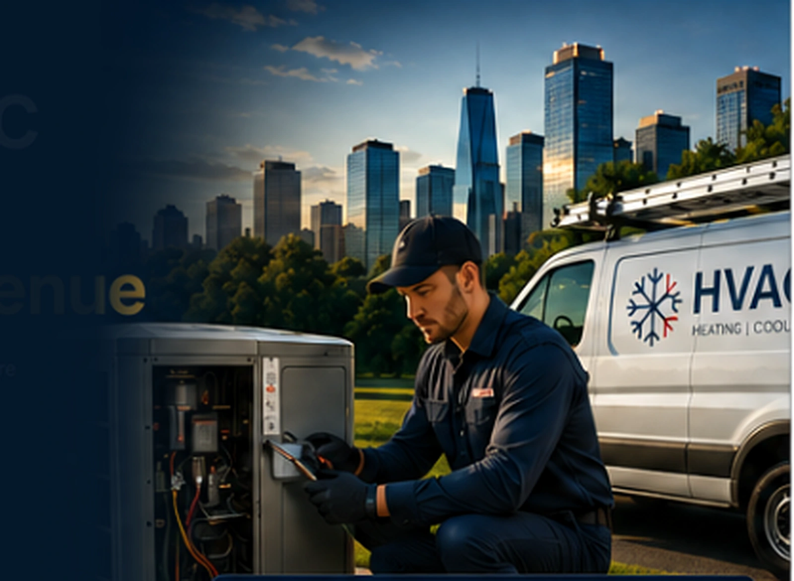 HVAC technician servicing an outdoor unit beside a branded service van with a city skyline in the background